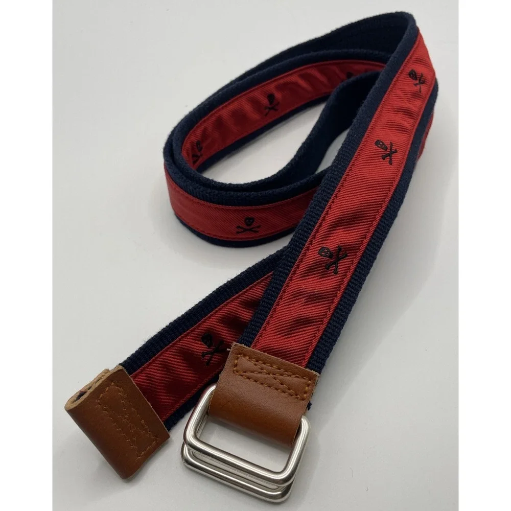 J. McLaughlin Red Blue Canvas Embroidered Skull And Crossbones Belt Women's L